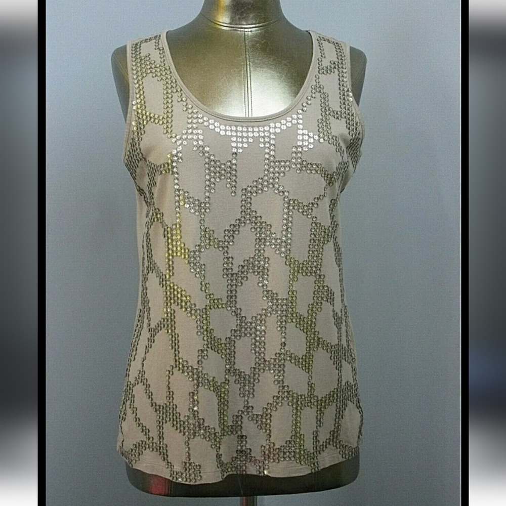 Dana Buchman $40 Tan Tank Top Sequin Summer Shimmery Metallic Shiny NEW Gold
